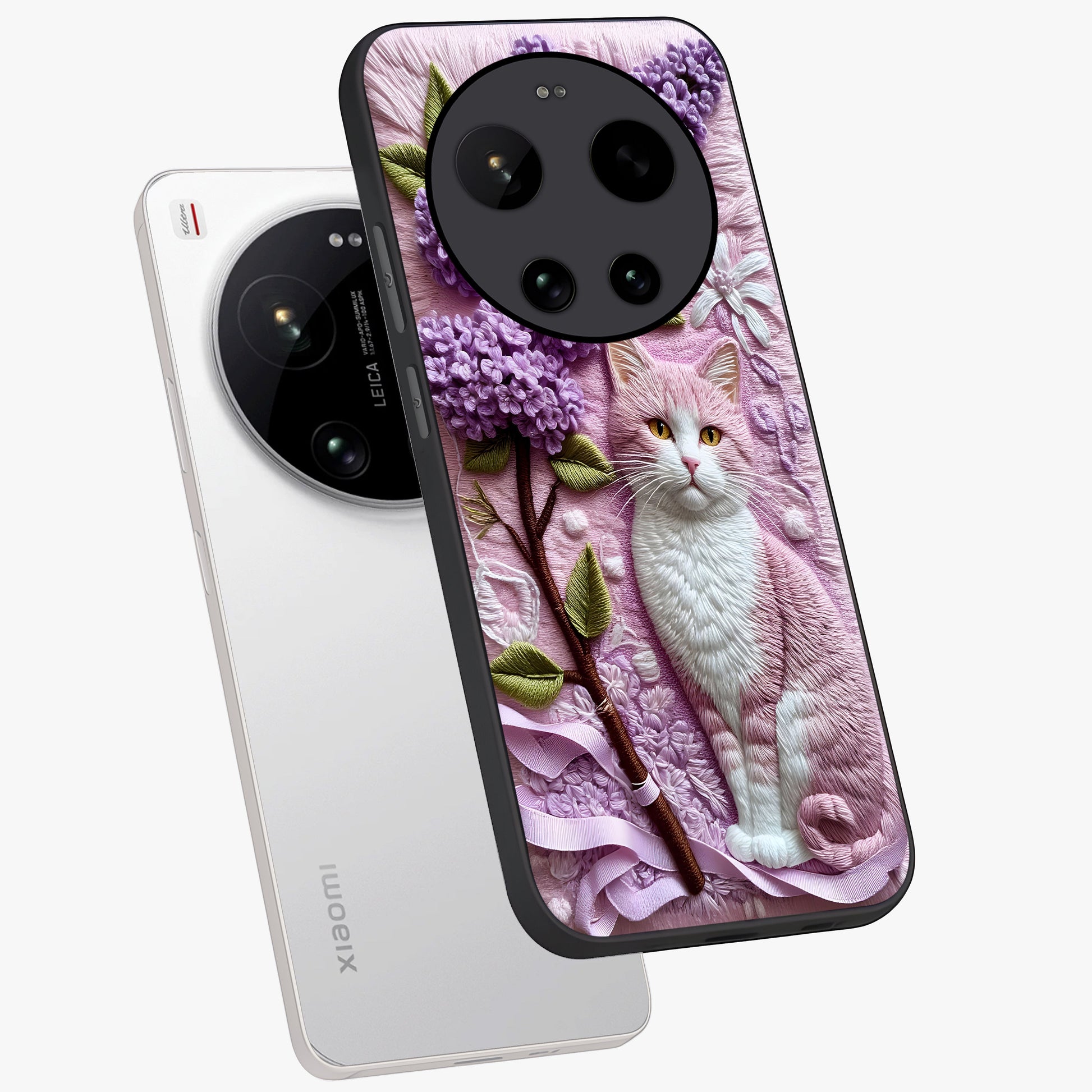 Lavender Cat Whimsy Glass Case displayed in angled mockup highlighting playful feline illustration with pastel lavender aesthetic.