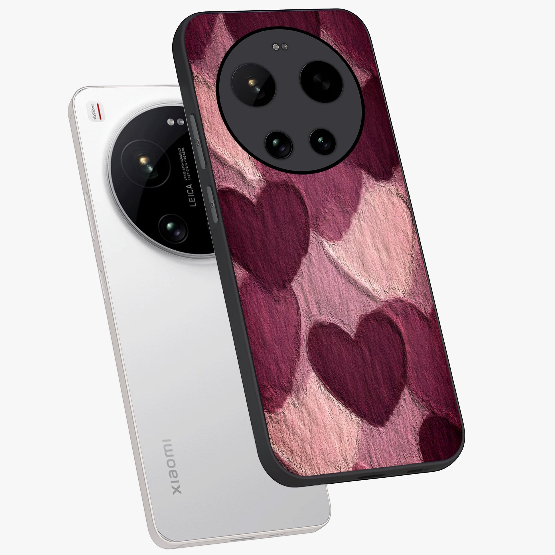 Layered Paper Hearts Glass Case displayed in angled mockup highlighting creative paper craft heart design with romantic aesthetic.