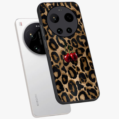 Leopard Wild Cherry Glass Case displayed in angled mockup highlighting bold animal print design with playful cherry aesthetic.