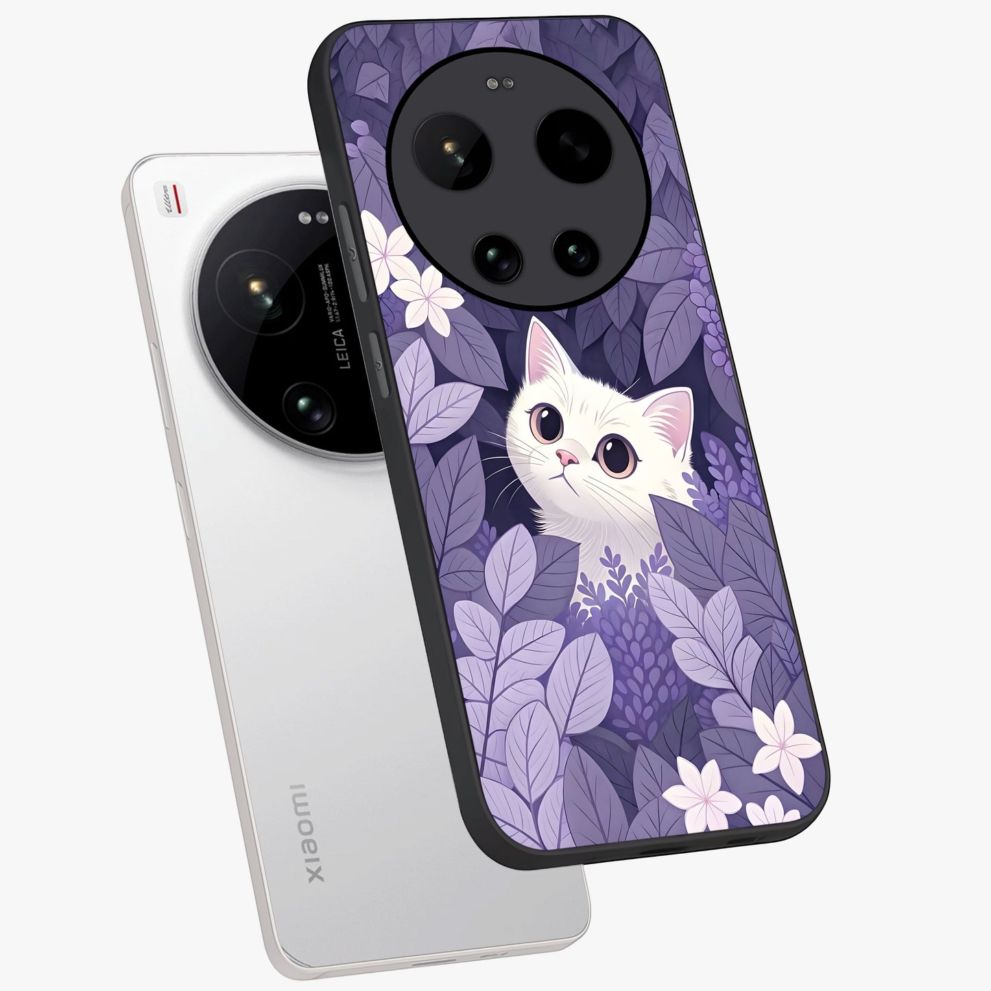 Lilac Hide Peek Cat Glass Case displayed in angled mockup highlighting playful feline illustration with lilac aesthetic design.