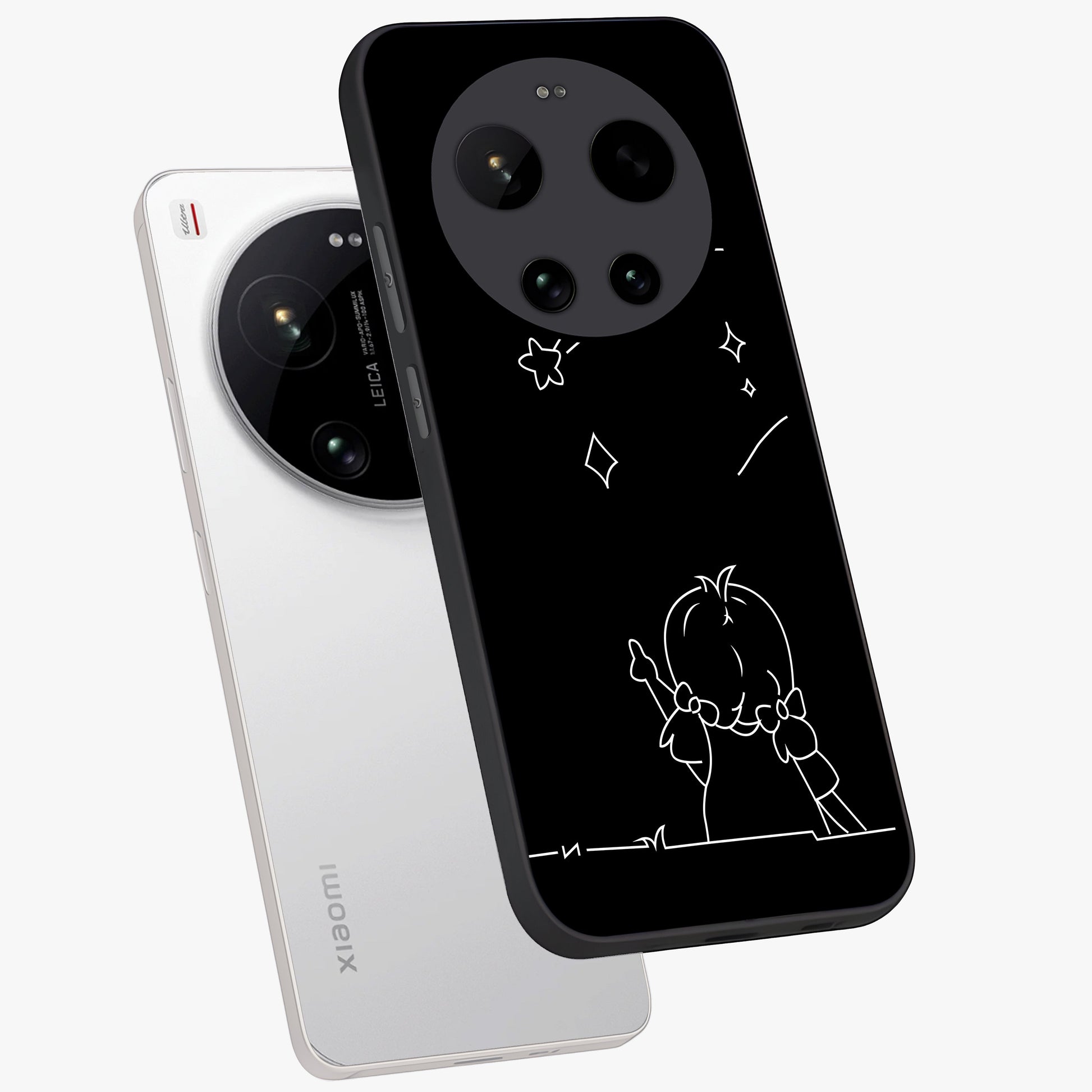 Line Art Girl With Shooting Stars Glass Case displayed in angled mockup highlighting elegant line art design with dreamy star aesthetic.