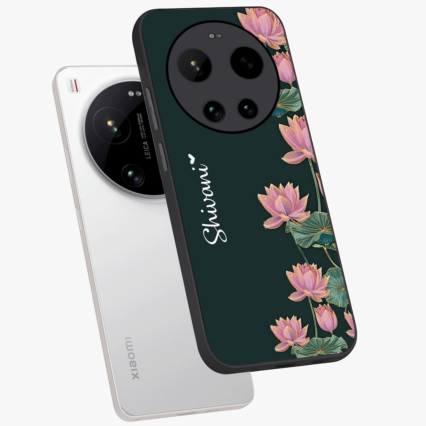 Lotus Bloom Serenity Custom Name Glass Case displayed in angled mockup highlighting graceful lotus illustration with custom name feature.