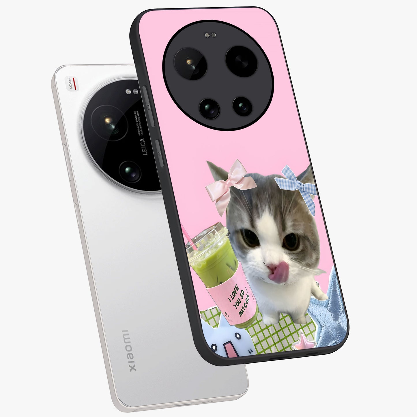 Love Matcha Cat Glass Case displayed in angled mockup highlighting playful feline illustration with cozy matcha aesthetic.