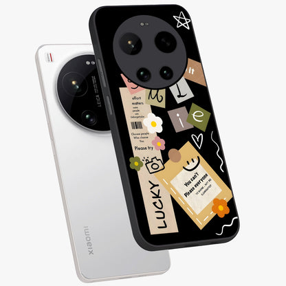 Lucky Aesthetic Collage Glass Case displayed in angled mockup highlighting stylish collage pattern with modern aesthetic vibe.