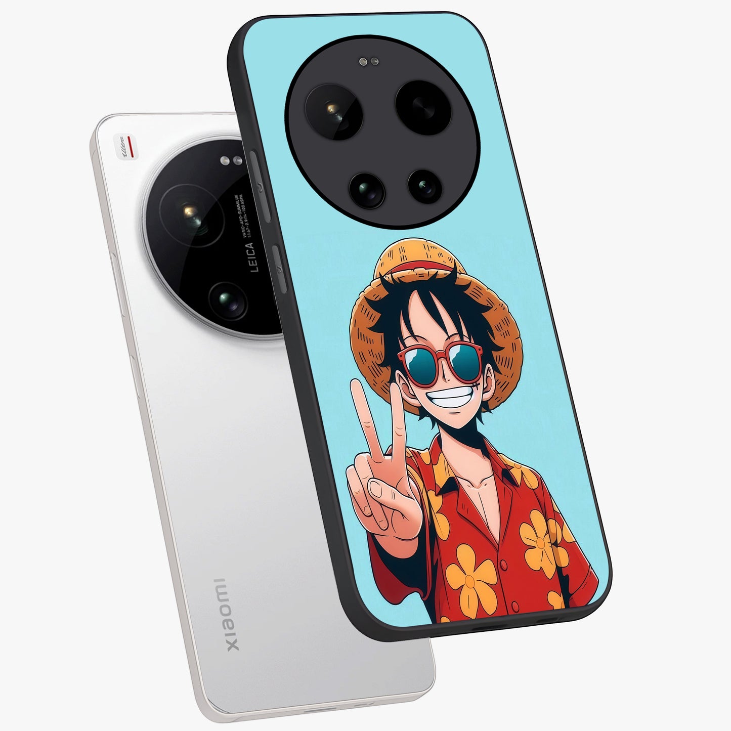 Luffy Summer Anime Vibe Glass Case displayed in angled mockup highlighting energetic anime illustration with summer vibe aesthetic.