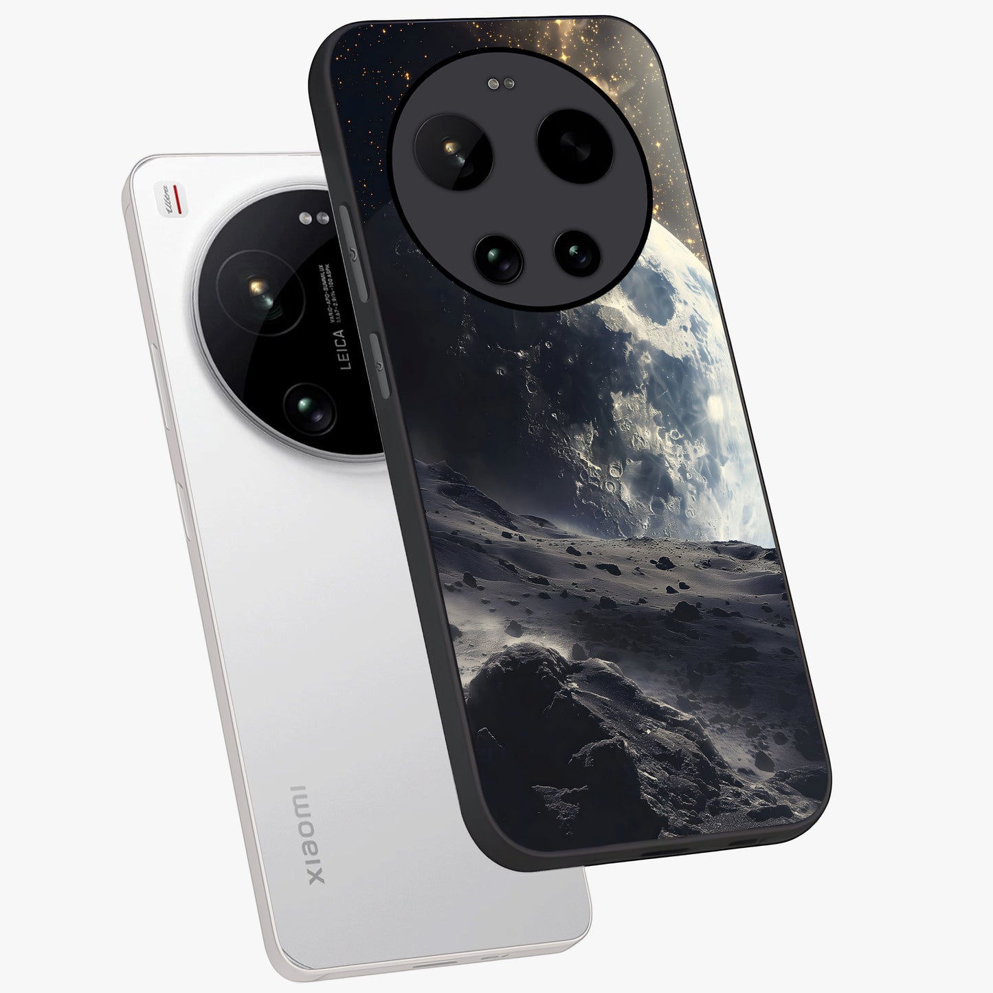Lunar Horizon Glow Glass Case displayed in angled mockup highlighting celestial moon design with dreamy night aesthetic.