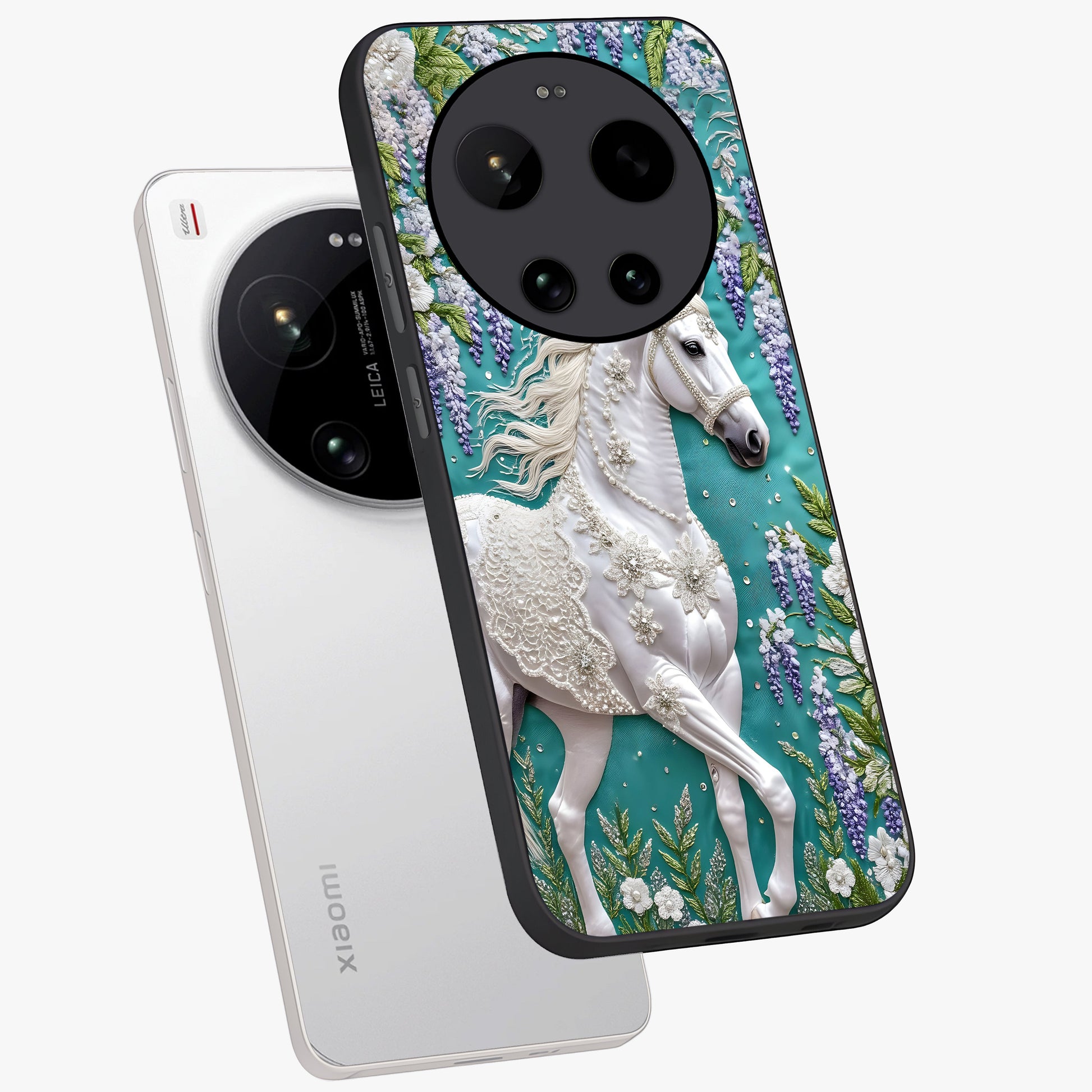 Majestic Floral Stallion Glass Case displayed in angled mockup highlighting majestic stallion illustration with elegant floral aesthetic.