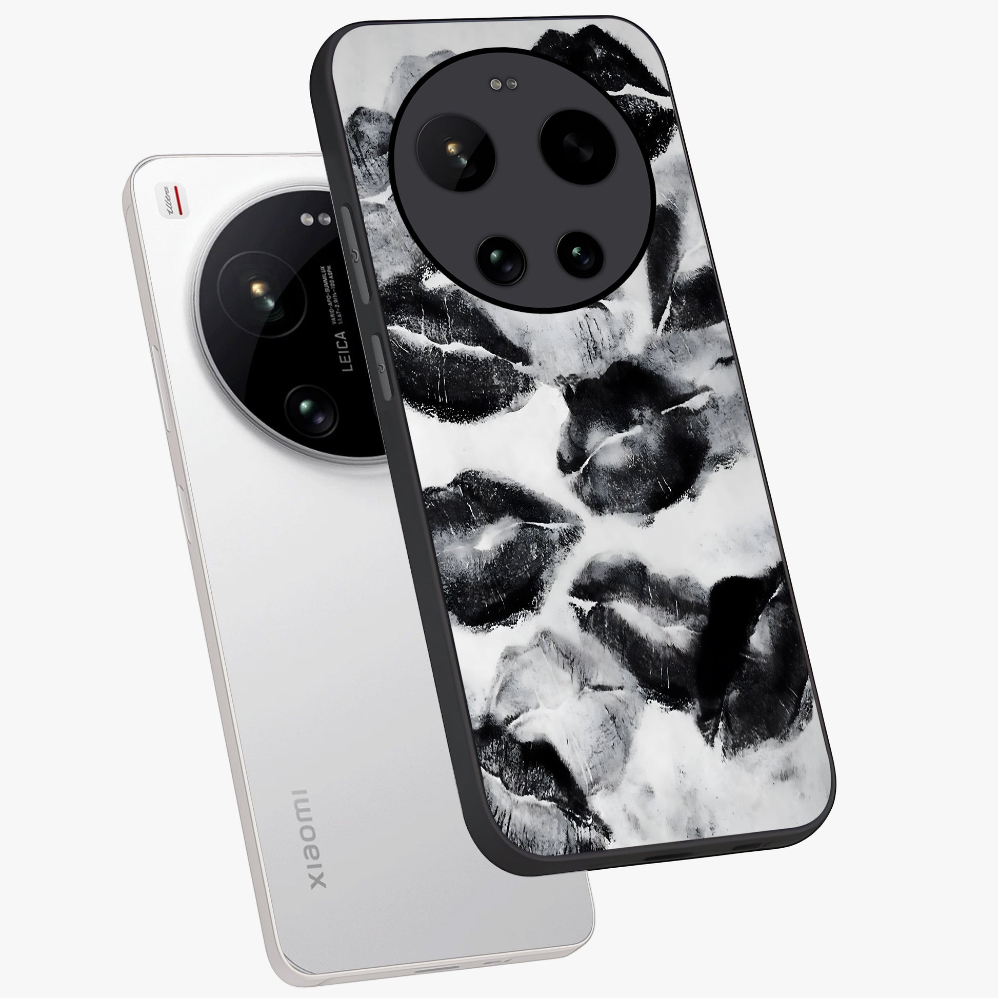 Midnight Kiss Marks Glass Case displayed in angled mockup highlighting playful romantic design with bold midnight aesthetic.