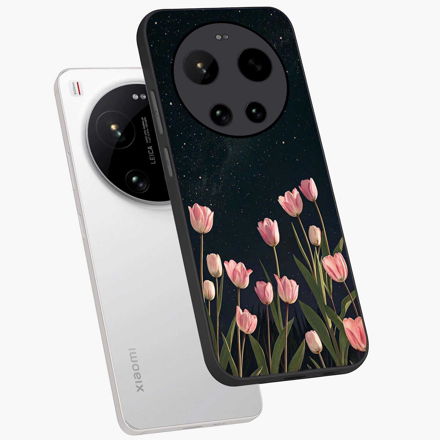Midnight Tulip Whispers Vibe Glass Case displayed in angled mockup highlighting delicate tulip design with midnight floral aesthetic.