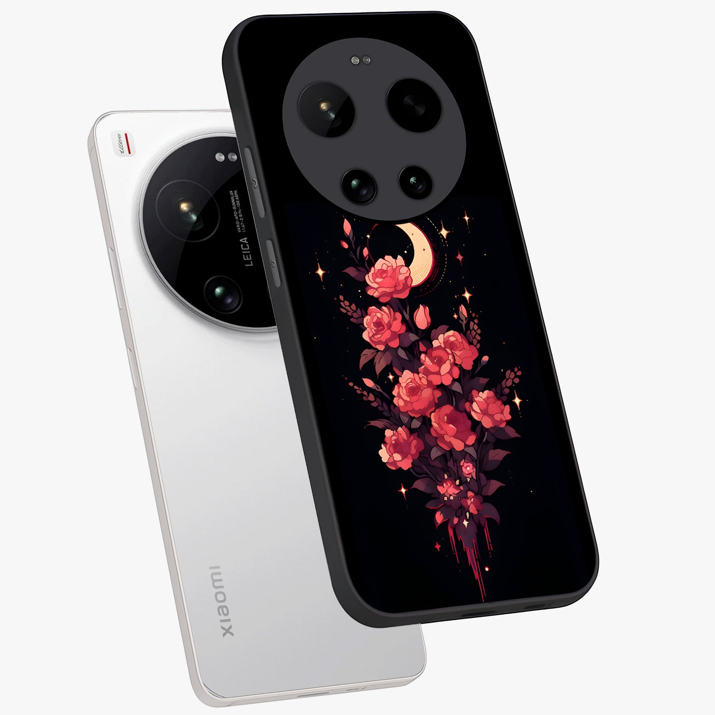 Moonlit Floral Elegance Glass Case displayed in angled mockup highlighting graceful flower design with soft moonlight aesthetic.