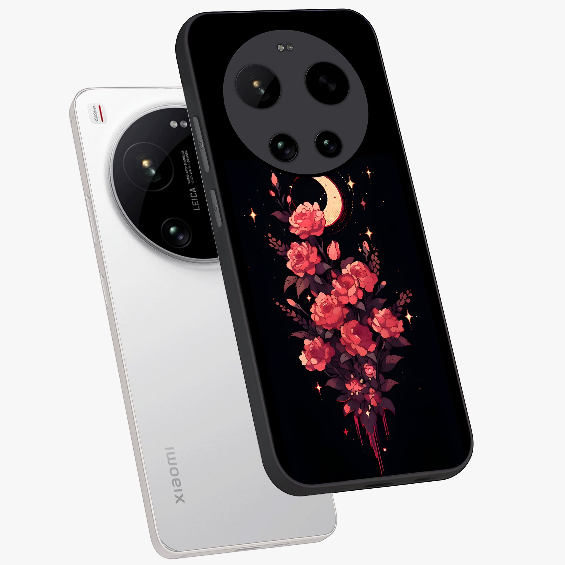 Moonlit Floral Elegance Glass Case displayed in angled mockup highlighting graceful flower design with soft moonlight aesthetic.