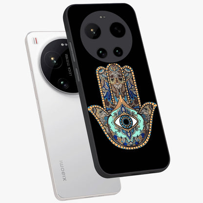 Mystic Hamsa Eye Glass Case displayed in angled mockup highlighting spiritual hamsa symbol with mystical aesthetic style.