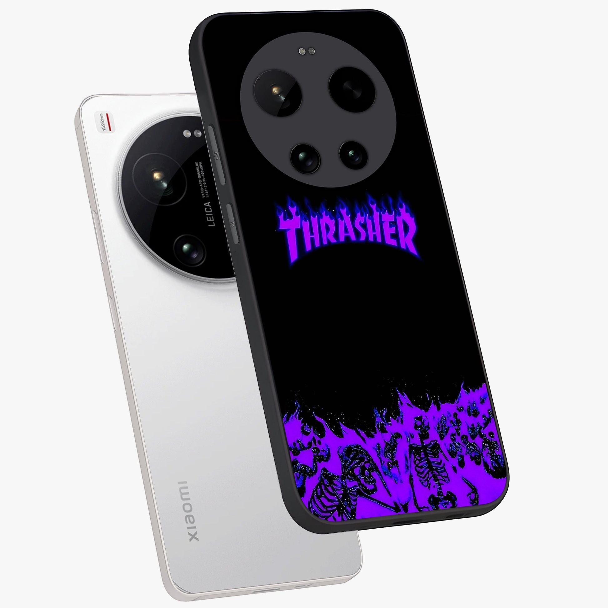 Neon Flame Riot Glass Case displayed in angled mockup highlighting glowing flame design with vibrant neon aesthetic.