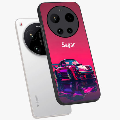 Neon Pink Porsche Glass Case displayed in angled mockup highlighting sleek neon pink car design with racing aesthetic.
