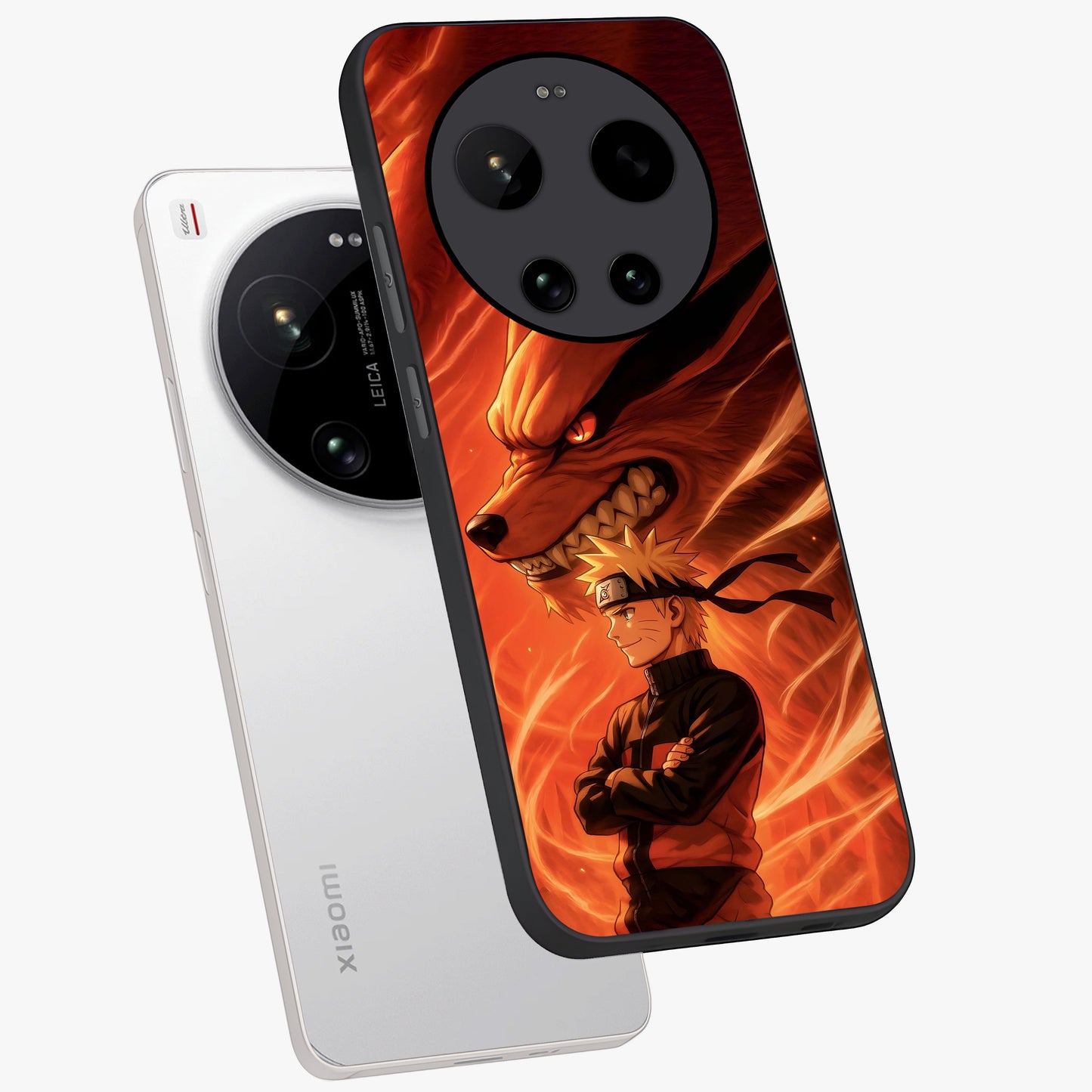 Nine Tails Legacy Glass Case displayed in angled mockup highlighting dynamic anime beast illustration with bold mystical aesthetic.