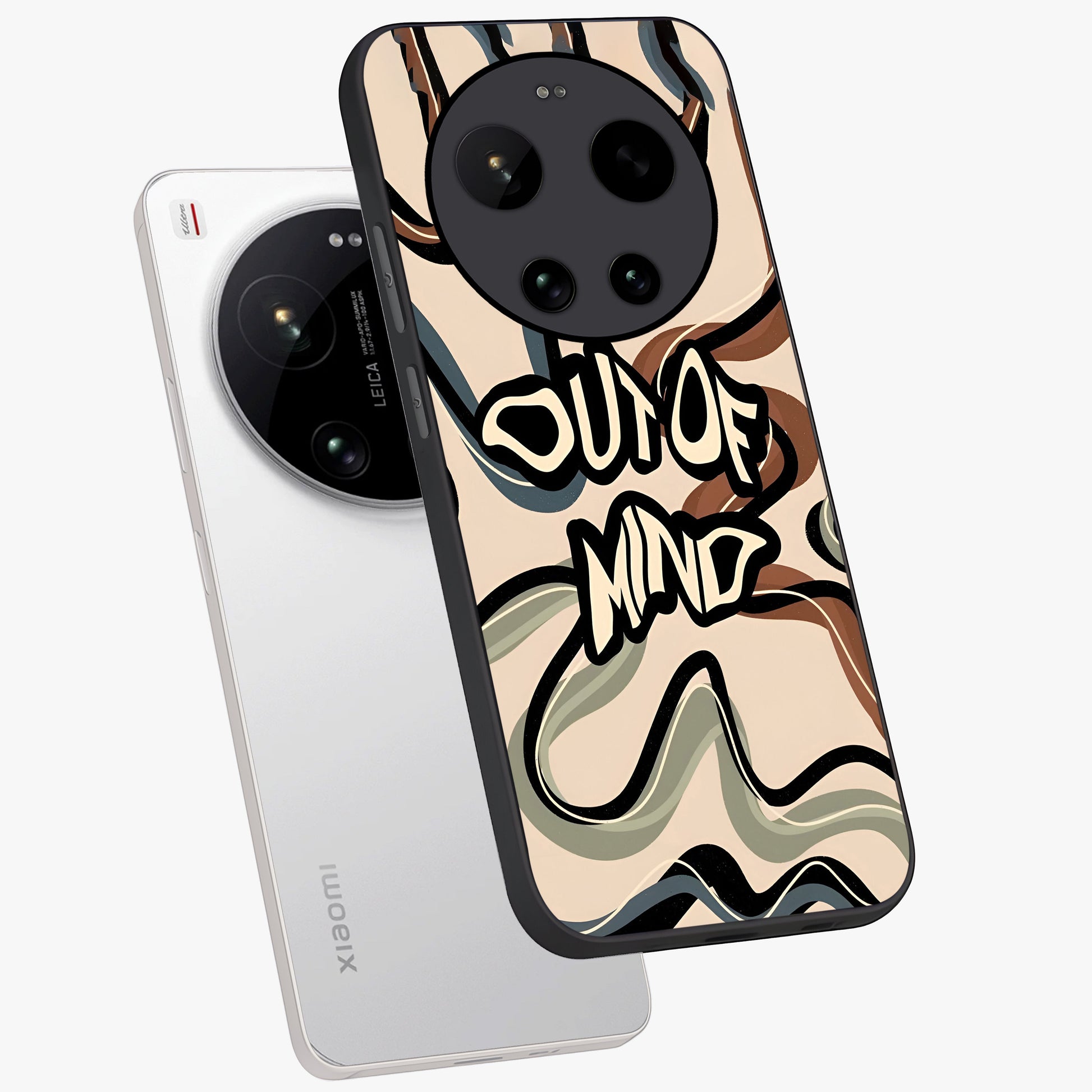 Out Of Mind Glass Case displayed in angled mockup highlighting bold statement design with modern artistic aesthetic.