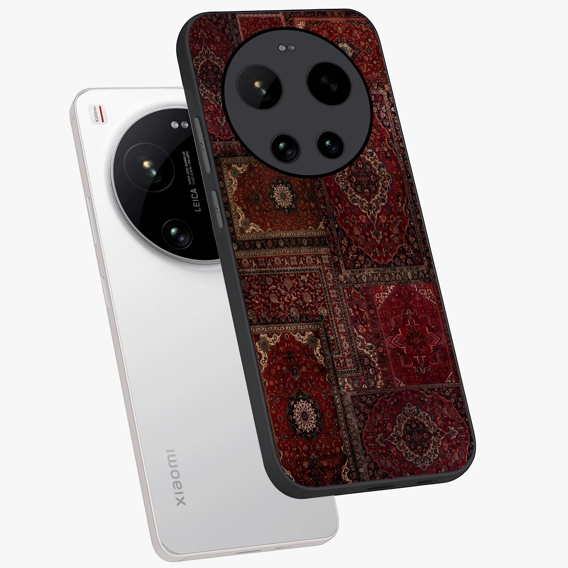 Persian Velvet Tale Glass Case displayed in angled mockup highlighting ornate textile inspired design with royal aesthetic.