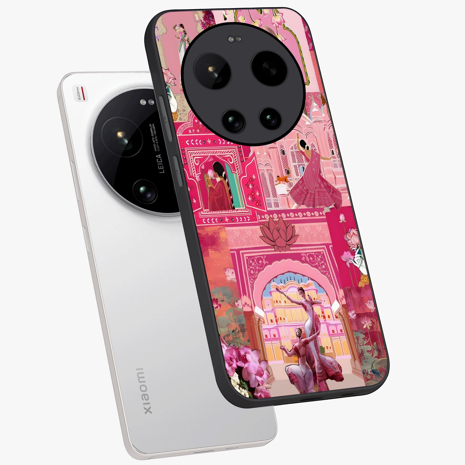 Pink Palace Muse Glass Case displayed in angled mockup highlighting dreamy palace illustration with soft pink aesthetic.
