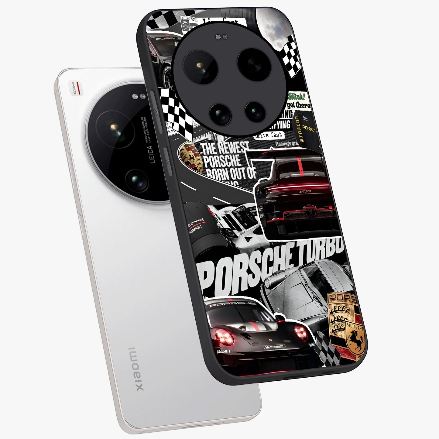 Porsche Racing Collage Glass Case displayed in angled mockup highlighting dynamic automotive design with bold racing aesthetic.