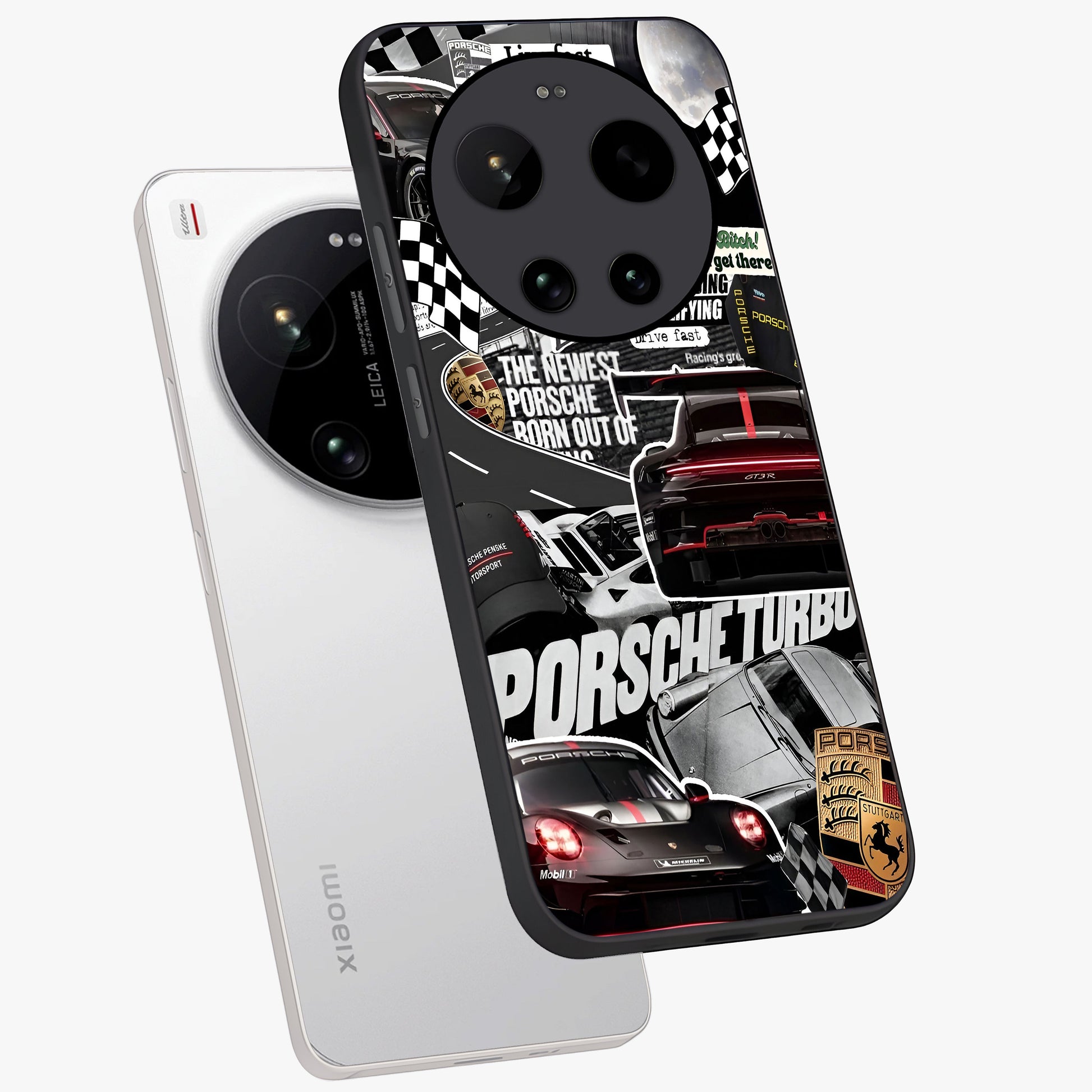 Porsche Racing Collage Glass Case displayed in angled mockup highlighting dynamic automotive design with bold racing aesthetic.