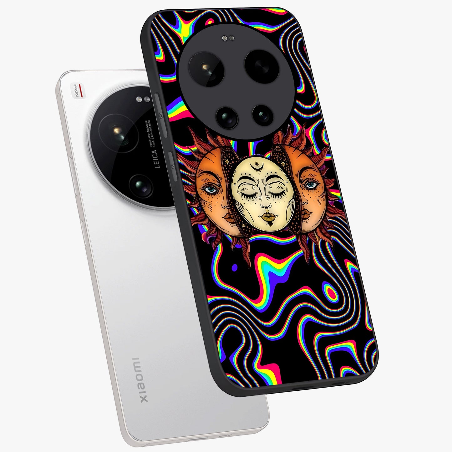 Psychedelic Sun Glass Case displayed in angled mockup highlighting vibrant abstract sun design with artistic aesthetic style.