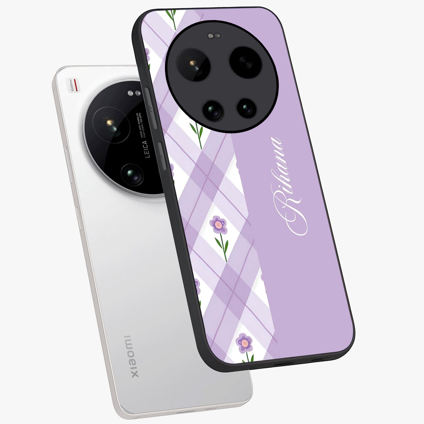 Purple Diamond Floral Glass Case displayed in angled mockup highlighting elegant purple flower design with decorative pattern.