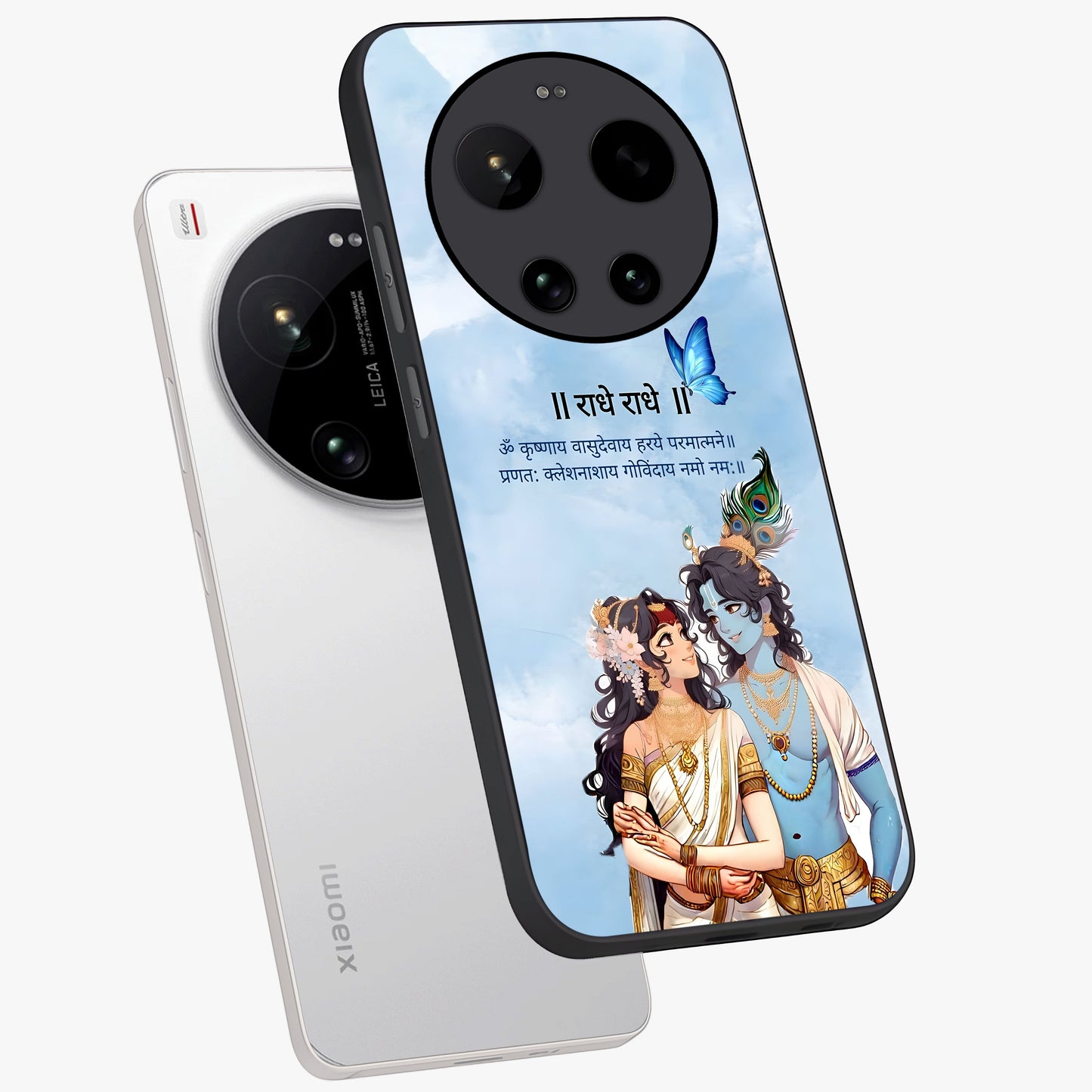 Radha Krishna Eternal Glass Case displayed in angled mockup highlighting divine Radha Krishna illustration with spiritual aesthetic.