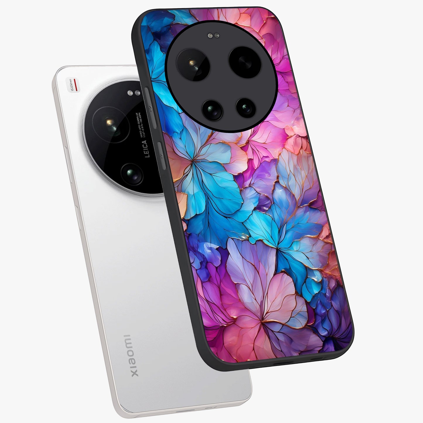 Radiant Floral Whirl Glass Case displayed in angled mockup highlighting vibrant flower pattern with dynamic artistic aesthetic.