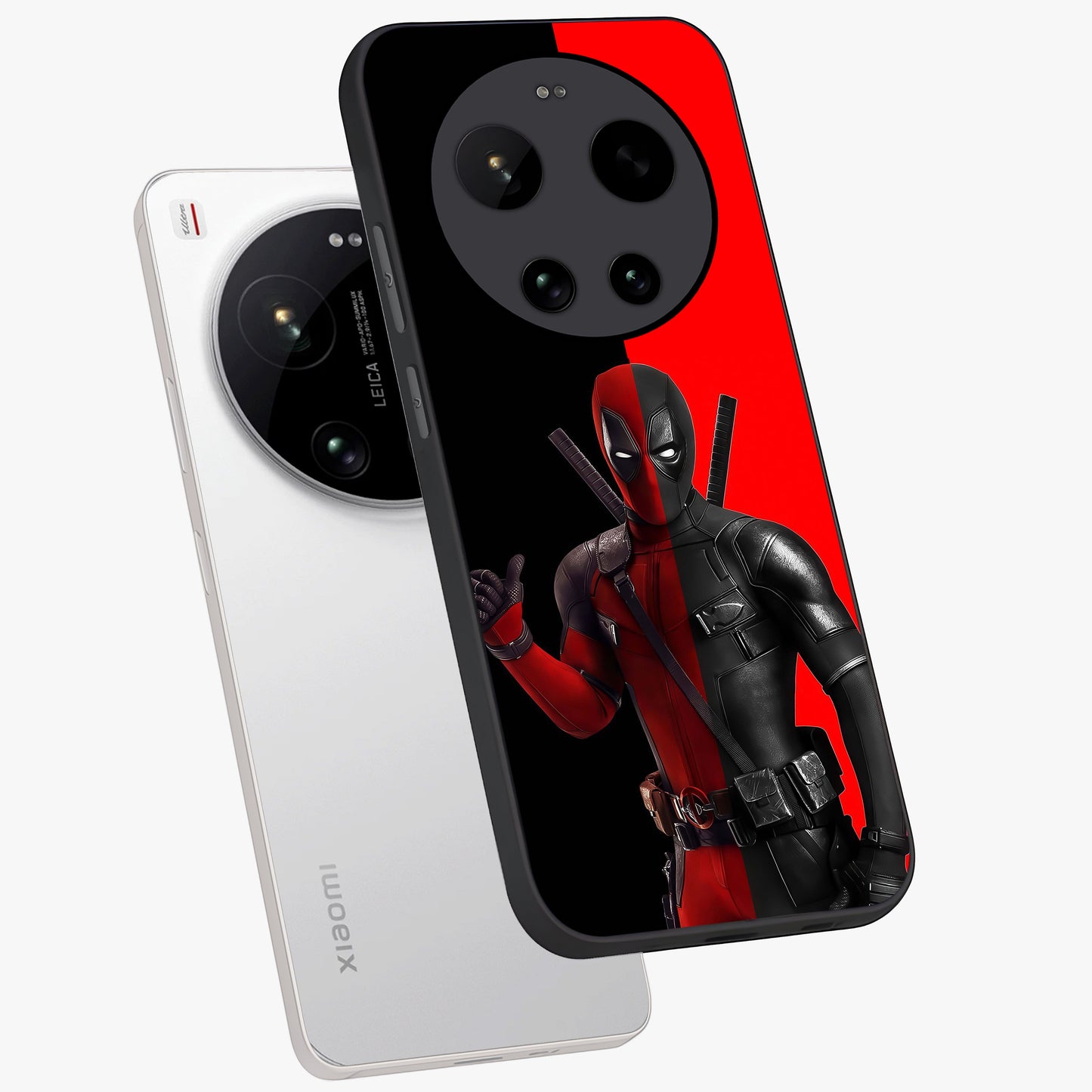 Red & Black Deadpool Theme Glass Case displayed in angled mockup highlighting vibrant superhero style illustration with action aesthetic.