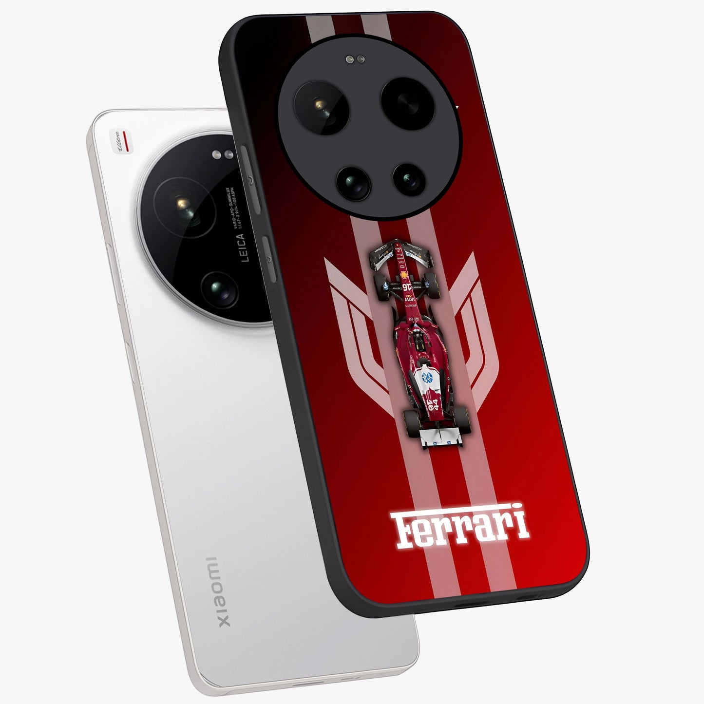 Red Ferrari F1 Vertical Glass Case displayed in angled mockup highlighting high speed racing design with bold automotive aesthetic.