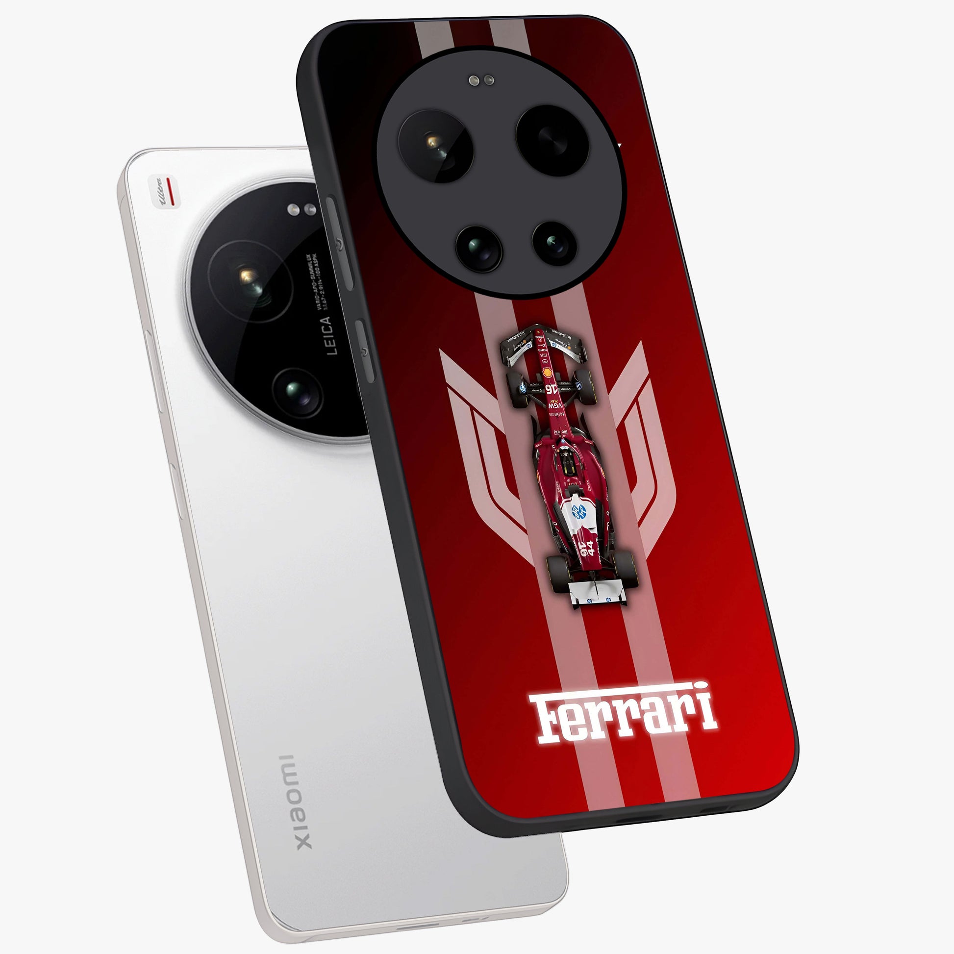 Red Ferrari F1 Vertical Glass Case displayed in angled mockup highlighting high speed racing design with bold automotive aesthetic.