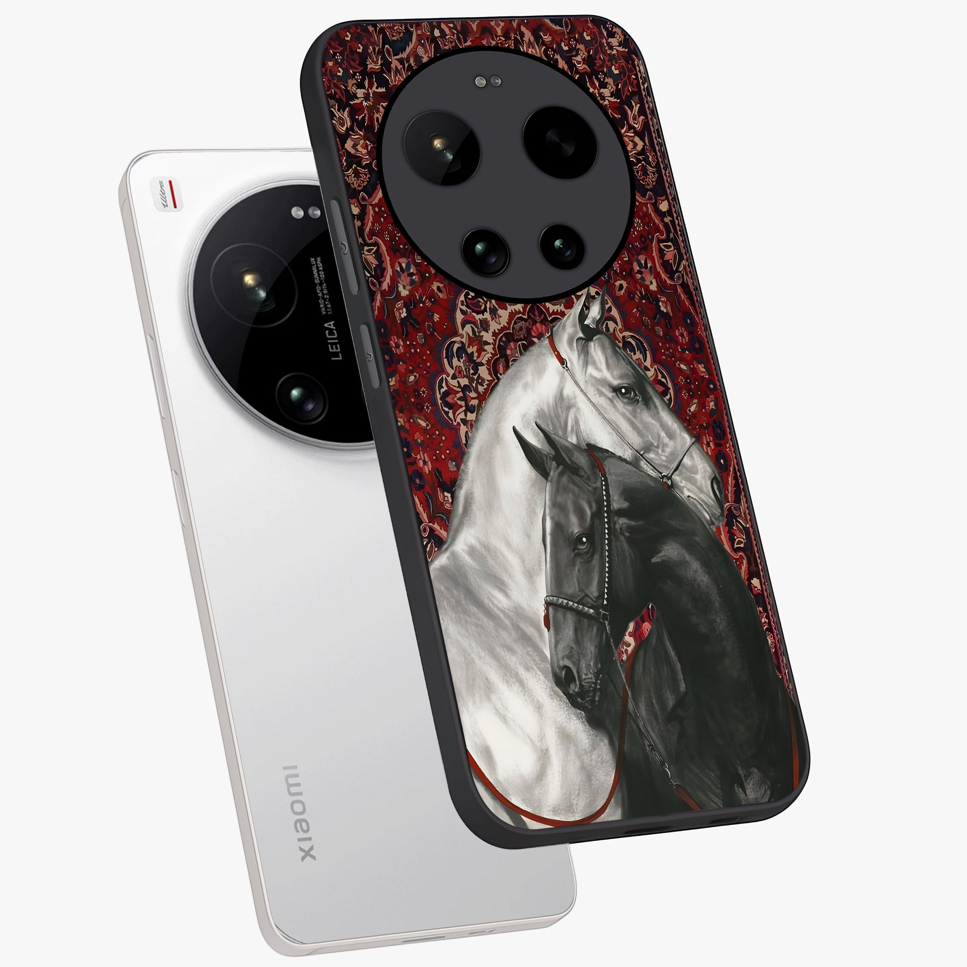 Regal Stallion Tapestry Glass Case displayed in angled mockup highlighting royal stallion design with decorative heritage aesthetic.
