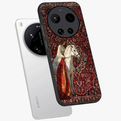 Royal Rider Tapestry Glass Case displayed in angled mockup highlighting traditional tapestry design with royal heritage aesthetic.