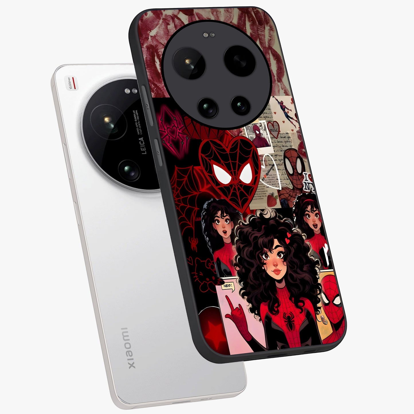 Spider Love Story Glass Case displayed in angled mockup highlighting expressive comic inspired design with playful aesthetic.