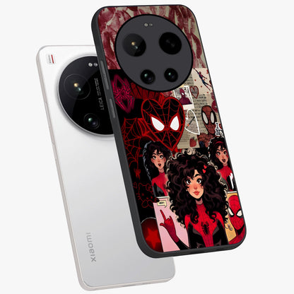 Spider Love Story Glass Case displayed in angled mockup highlighting expressive comic inspired design with playful aesthetic.