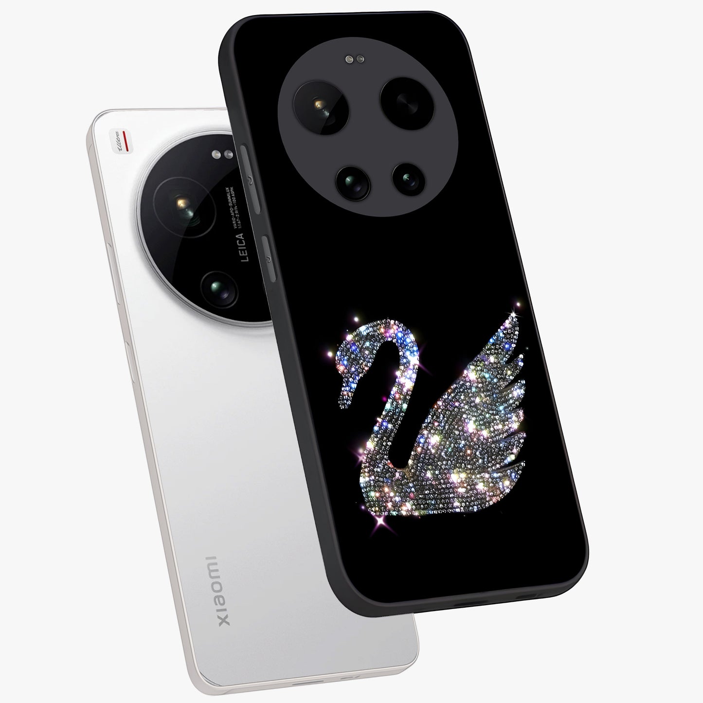 Starlit Swan Grace Glass Case displayed in angled mockup highlighting elegant swan illustration with dreamy celestial aesthetic.