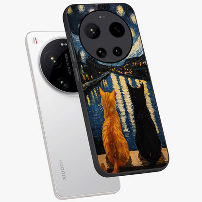 Starry River Cats Glass Case displayed in angled mockup highlighting charming feline illustration with dreamy night aesthetic.