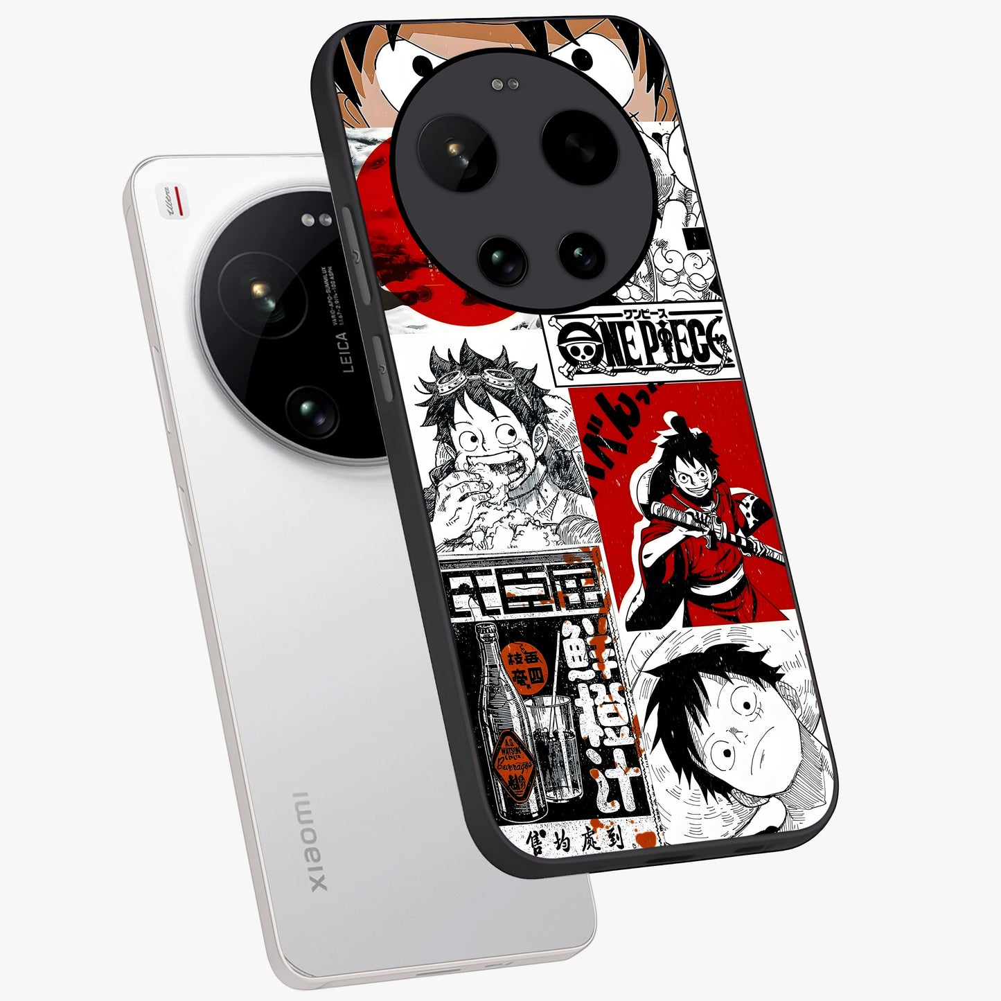Strawhat Chaos Panels Glass Case displayed in angled mockup highlighting vibrant anime collage design with action aesthetic.
