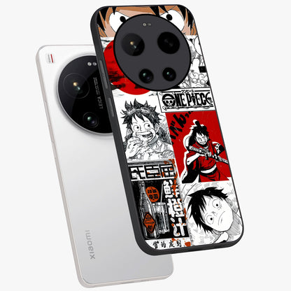 Strawhat Chaos Panels Glass Case displayed in angled mockup highlighting vibrant anime collage design with action aesthetic.