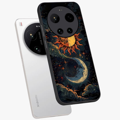Sun And Moon Magic Design Glass Case displayed in angled mockup highlighting celestial design with magical cosmic aesthetic.