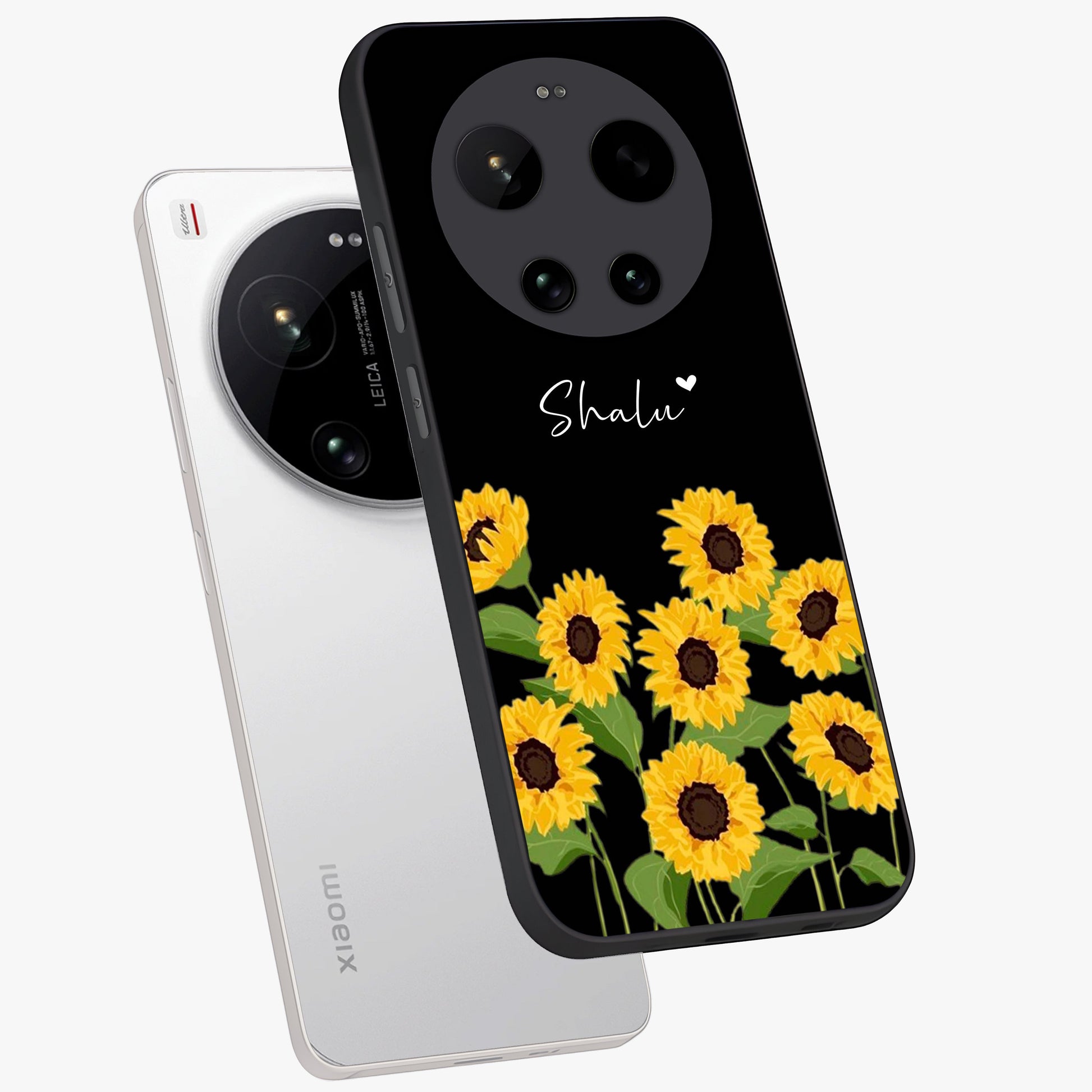 Sunflower Chic Mood Custom Name Glass Case displayed in angled mockup highlighting vibrant sunflower design with custom name feature.