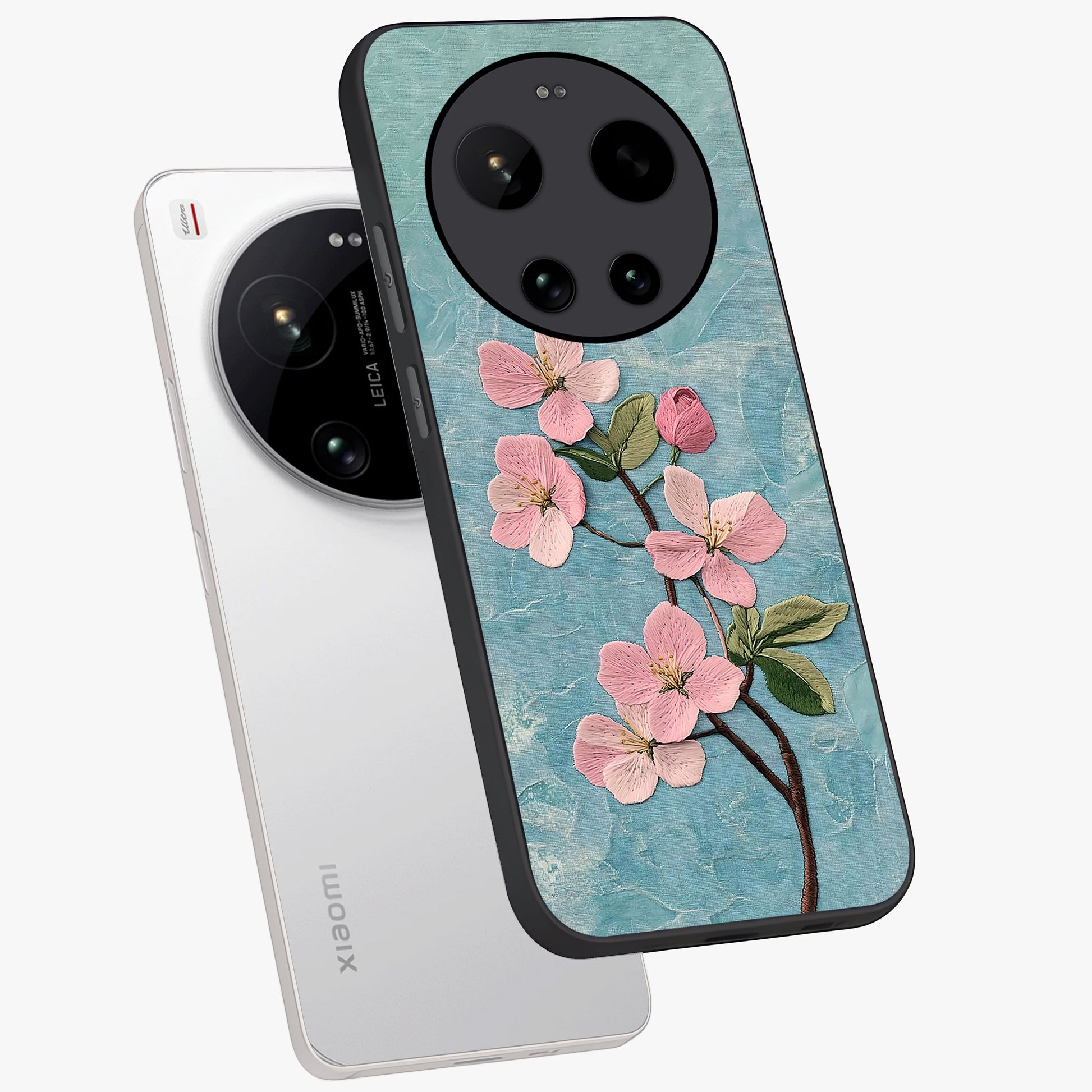 Threaded Blossom Breeze Glass Case displayed in angled mockup highlighting elegant floral design with soft aesthetic style.