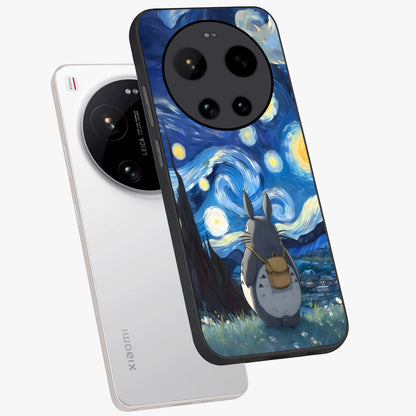 Totoro In Van Gogh Art Glass Case displayed in angled mockup highlighting artistic swirling sky design with playful animation aesthetic.