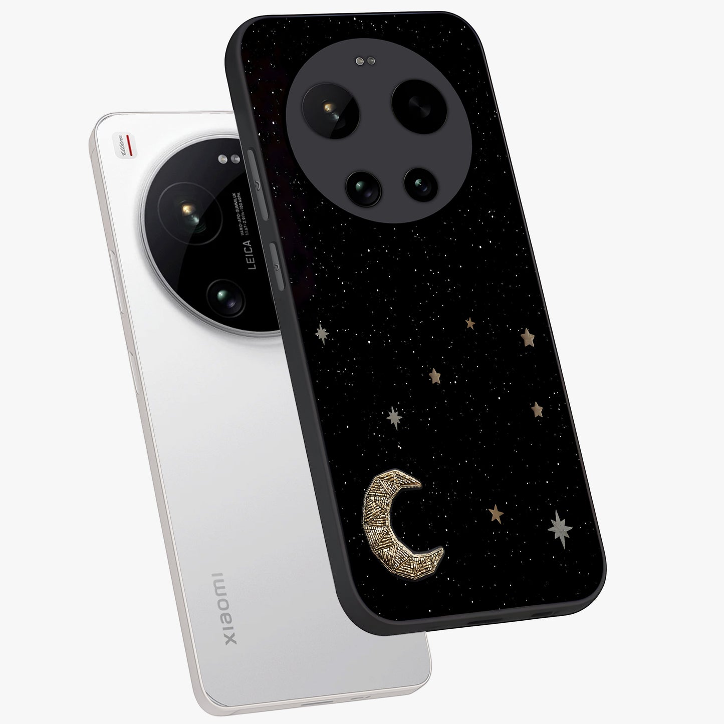 Twinkle Star With Half Moon Glass Case displayed in angled mockup highlighting celestial moon and star design with magical aesthetic.