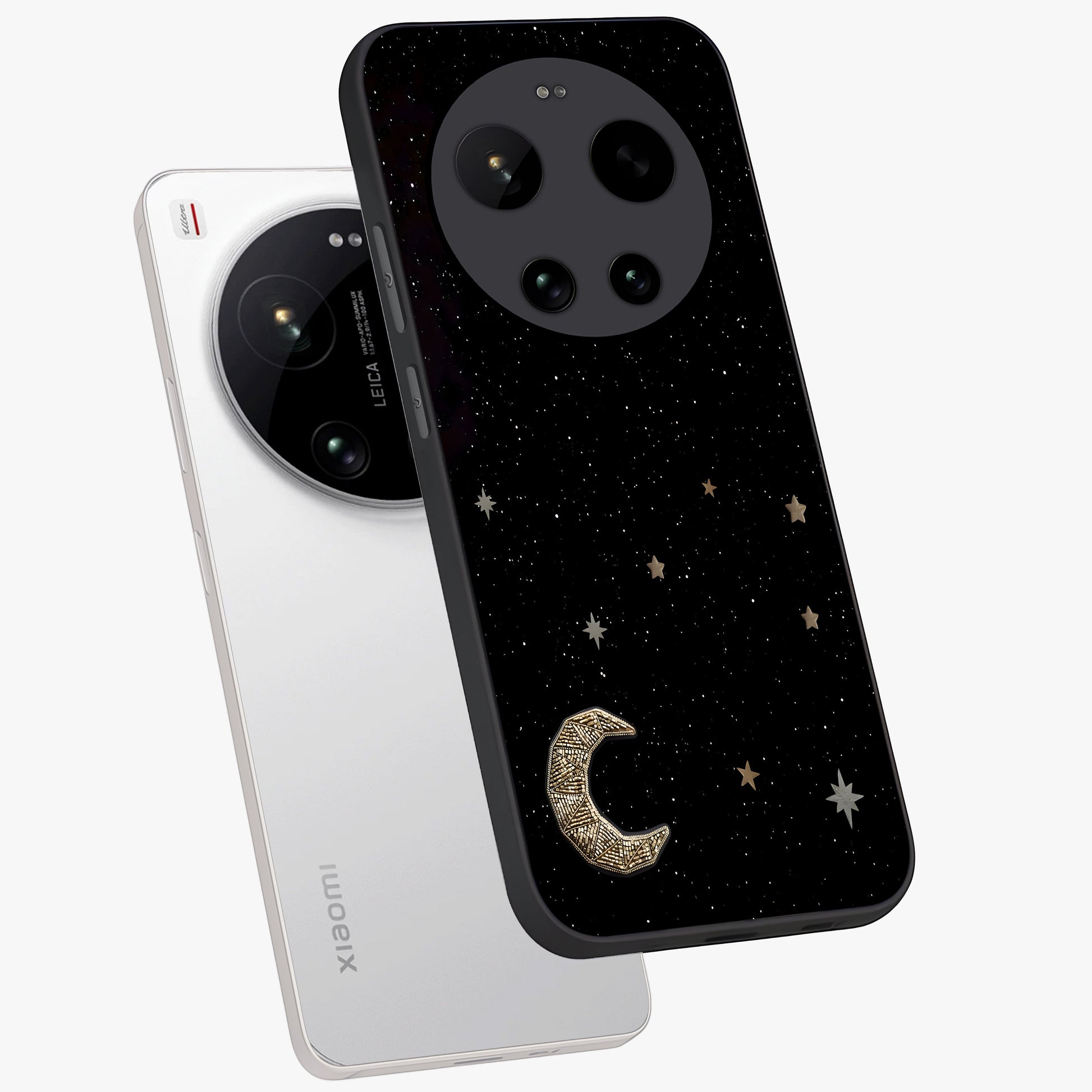 Twinkle Star With Half Moon Glass Case displayed in angled mockup highlighting celestial moon and star design with magical aesthetic.