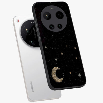 Twinkle Star With Half Moon Glass Case displayed in angled mockup highlighting celestial moon and star design with magical aesthetic.
