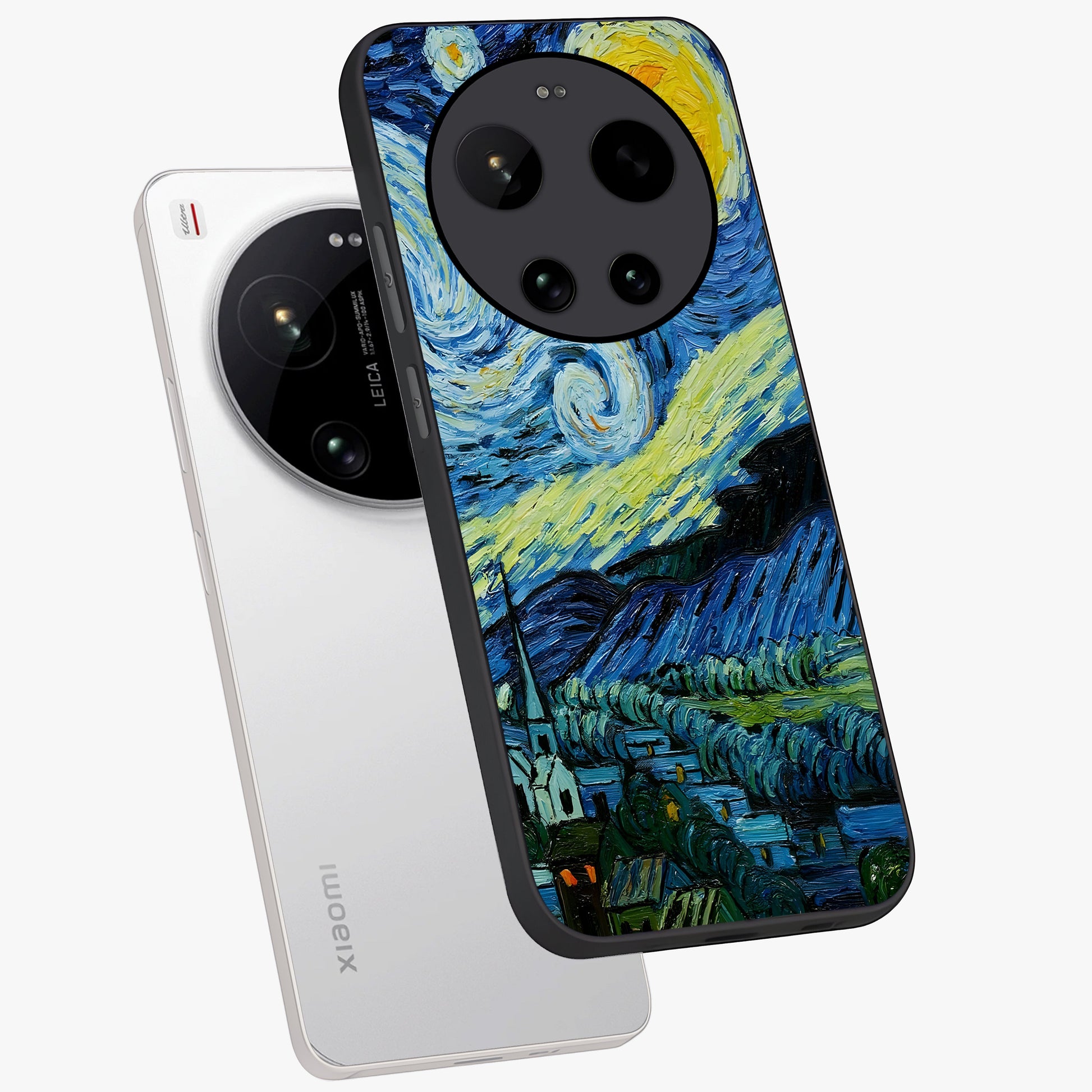 Van Gogh Art Glass Case displayed in angled mockup highlighting swirling brushstroke design with artistic aesthetic.