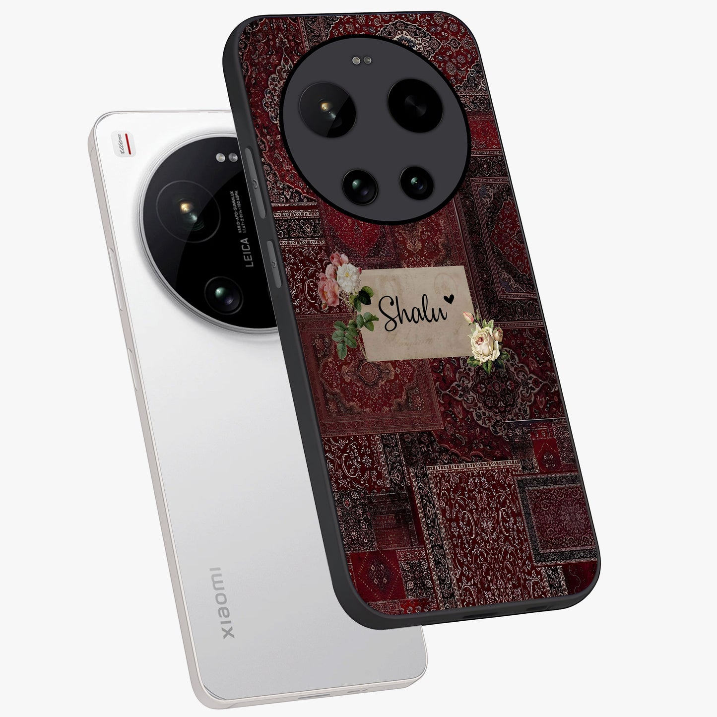 Velvet Wine Pattern Custom Name Glass Case displayed in angled mockup highlighting decorative velvet inspired design with custom name feature.