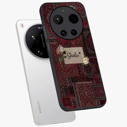 Velvet Wine Pattern Custom Name Glass Case displayed in angled mockup highlighting decorative velvet inspired design with custom name feature.