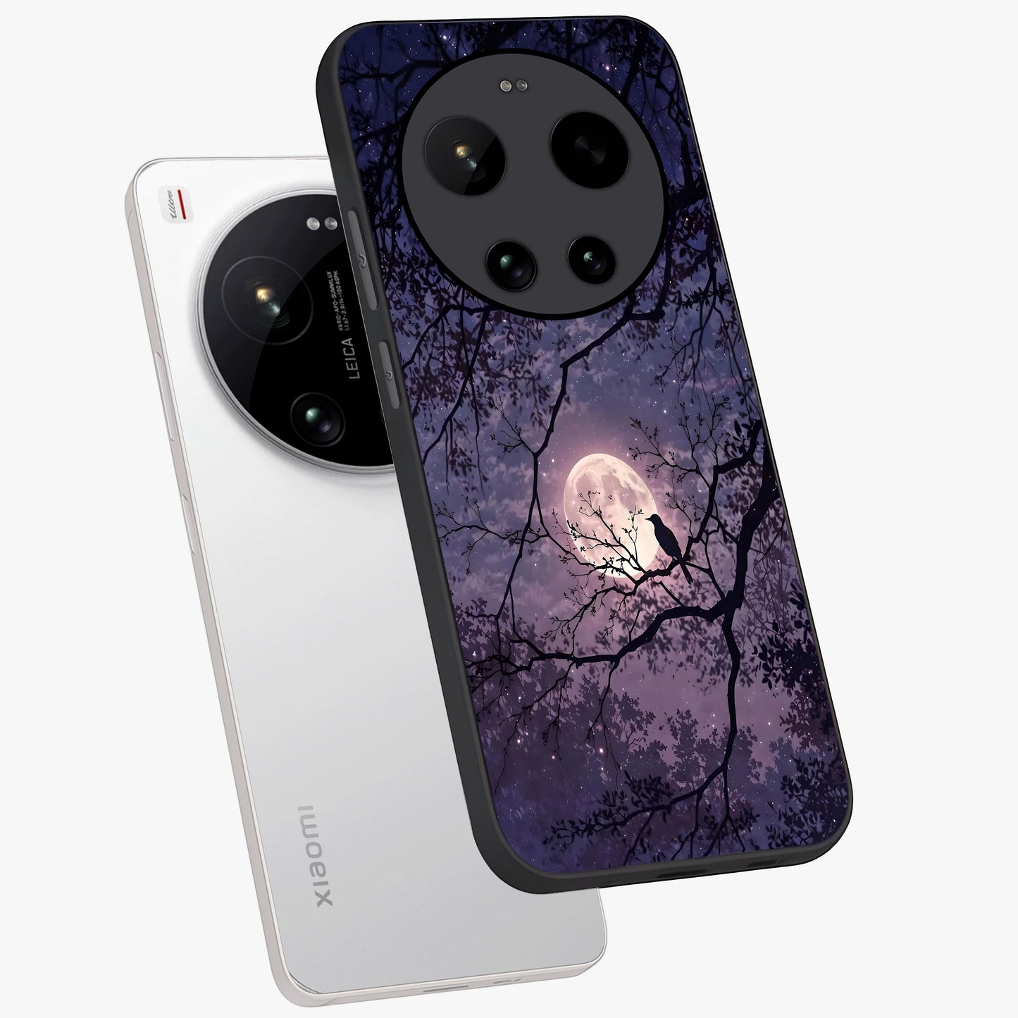 Whispering Moon Silence Glass Case displayed in angled mockup highlighting calm lunar design with dreamy night aesthetic.